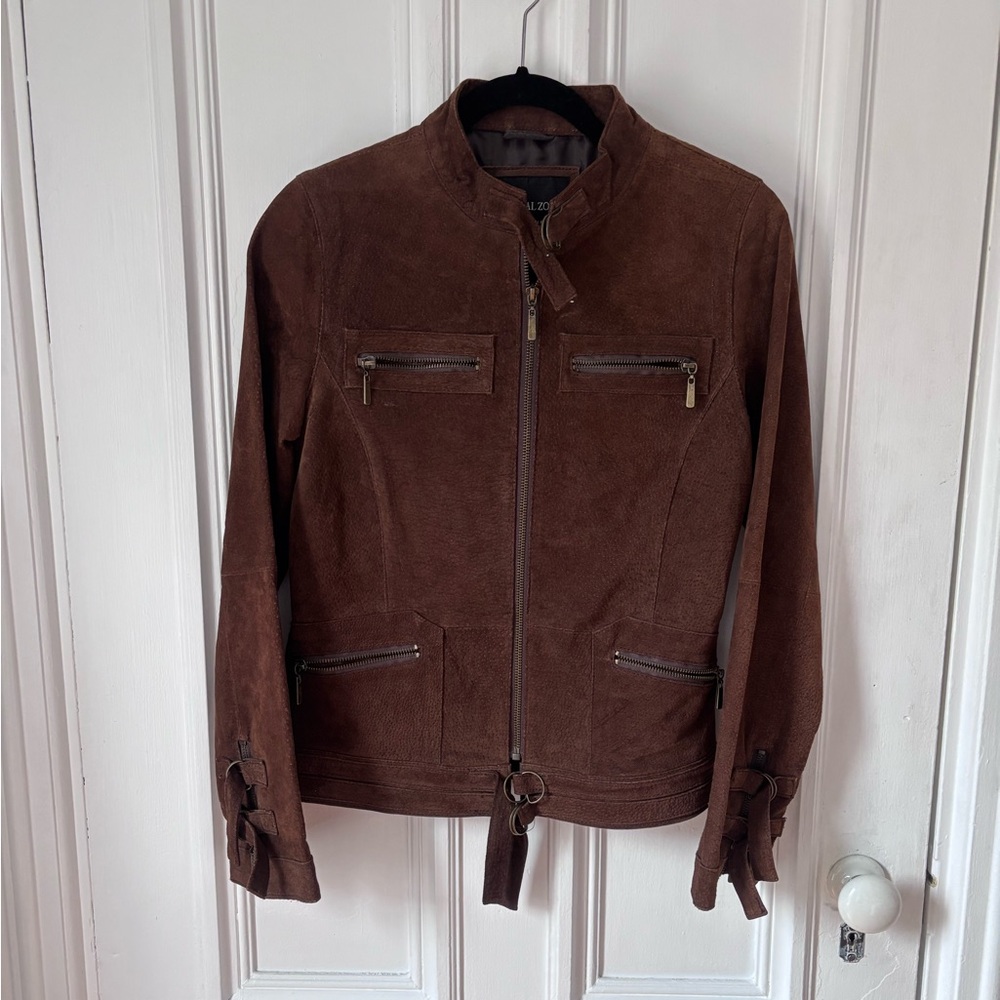 Vintage Neutral Zone Genuine Suede Leather Brown Zip Front Buckle Accents Small